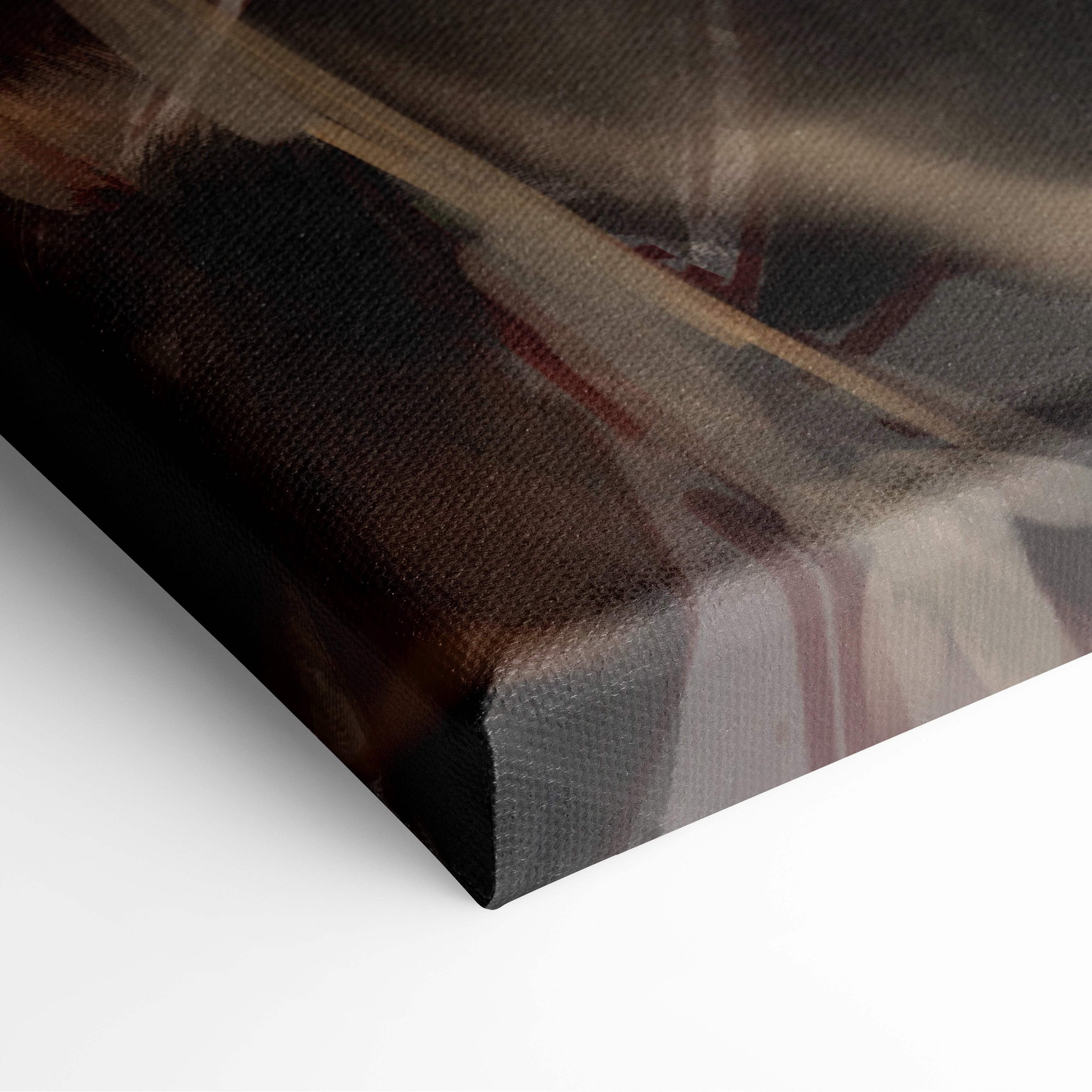 Abstract canvas painting with textured brushstrokes in muted browns grays and reds for fierce battle goddess anime art