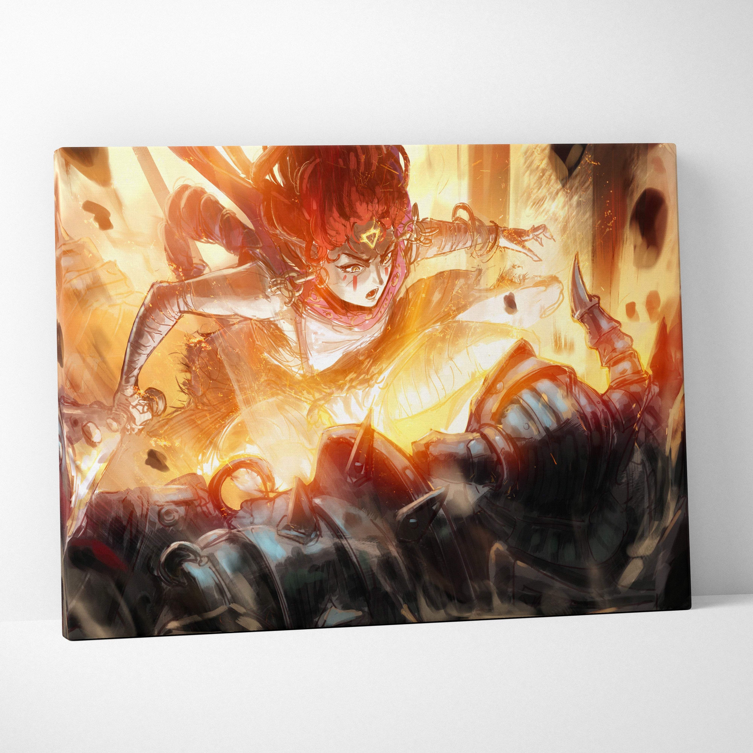 Vibrant orange and gold fierce red haired warrior anime canvas art with fiery energy burst for dynamic wall decor