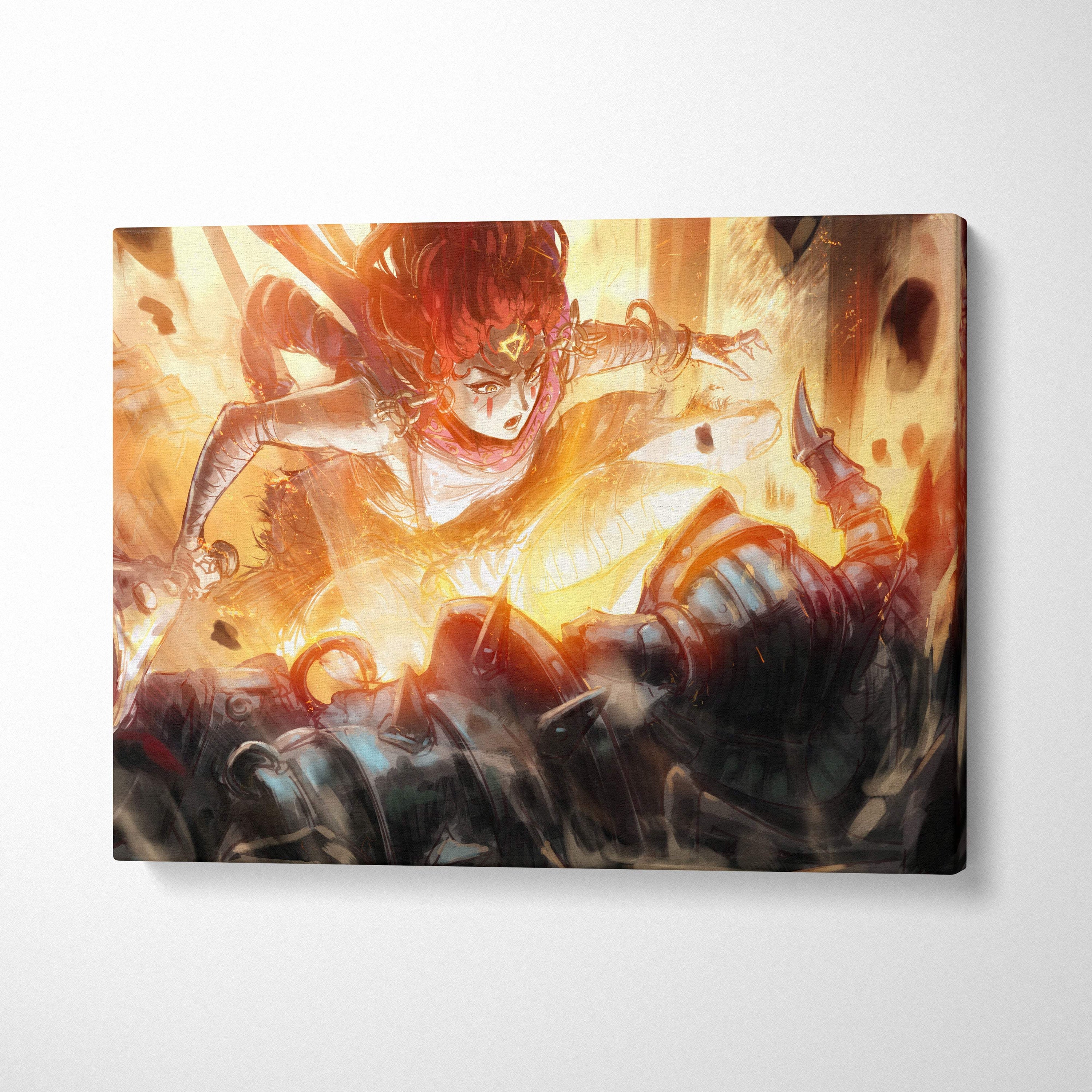 Fierce battle goddess canvas art featuring vibrant orange and gold anime warrior in dynamic explosive combat scene