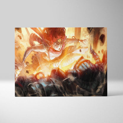 Vibrant orange and gold illustrated canvas art featuring a fierce battle goddess in dynamic anime combat scene