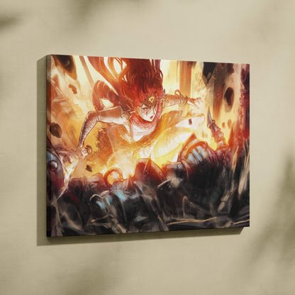 Vibrant canvas print of fierce battle goddess with fiery red hair glowing gold aura in dynamic anime combat scene
