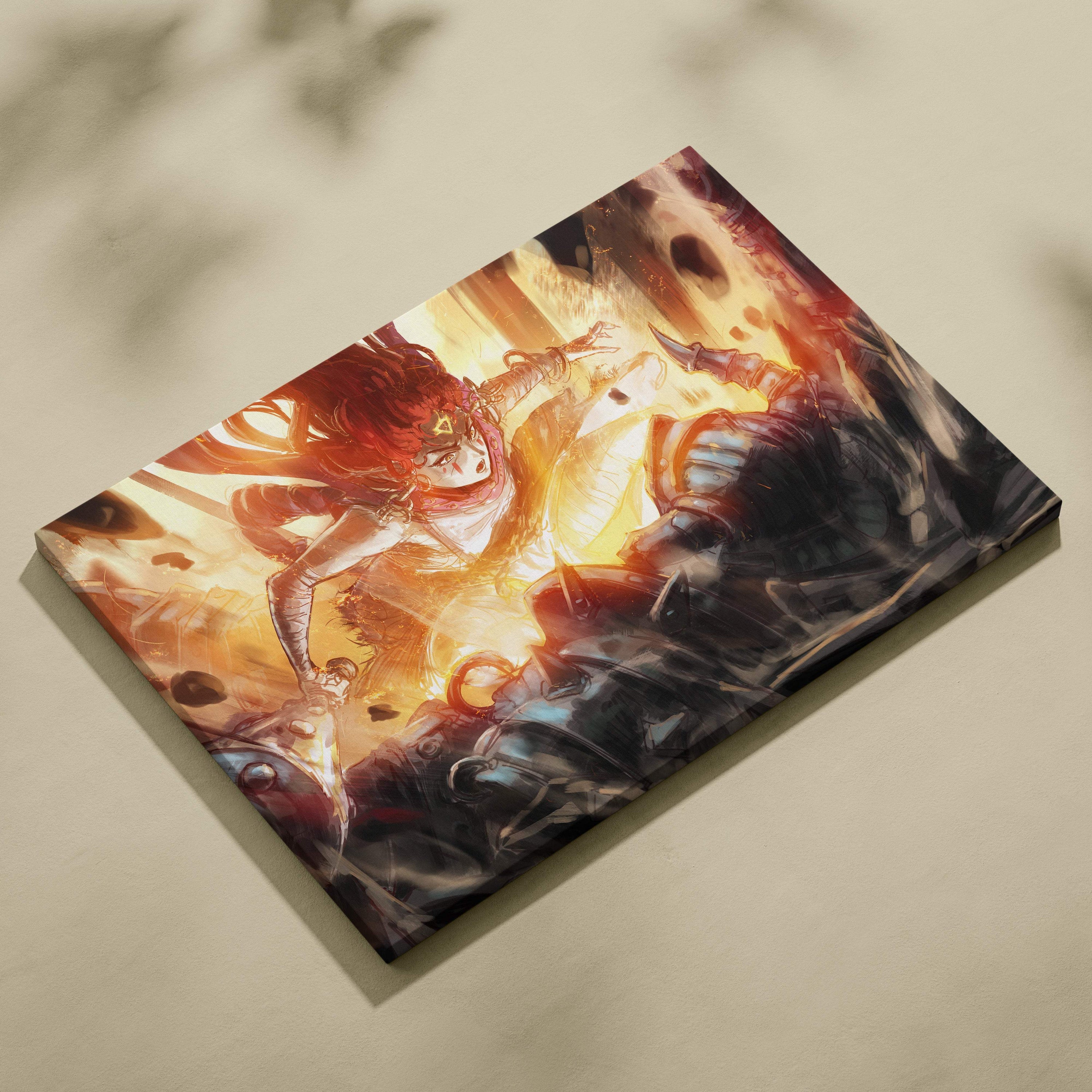 Vibrant anime-style canvas art featuring a fierce battle goddess with fiery gold energy in explosive combat scene