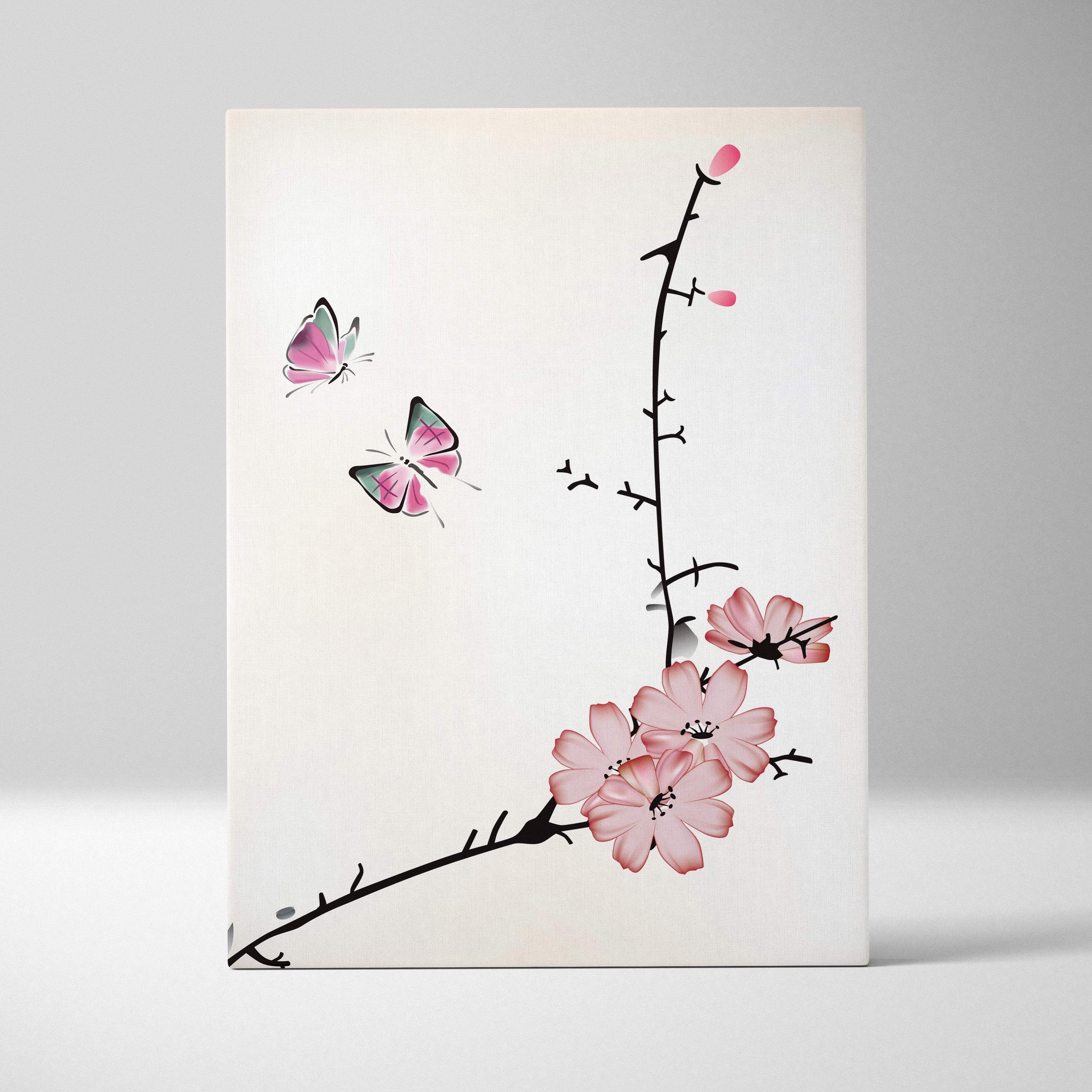 Delicate pink cherry blossom butterfly canvas print in minimalist asian ink painting style for zen wall decor