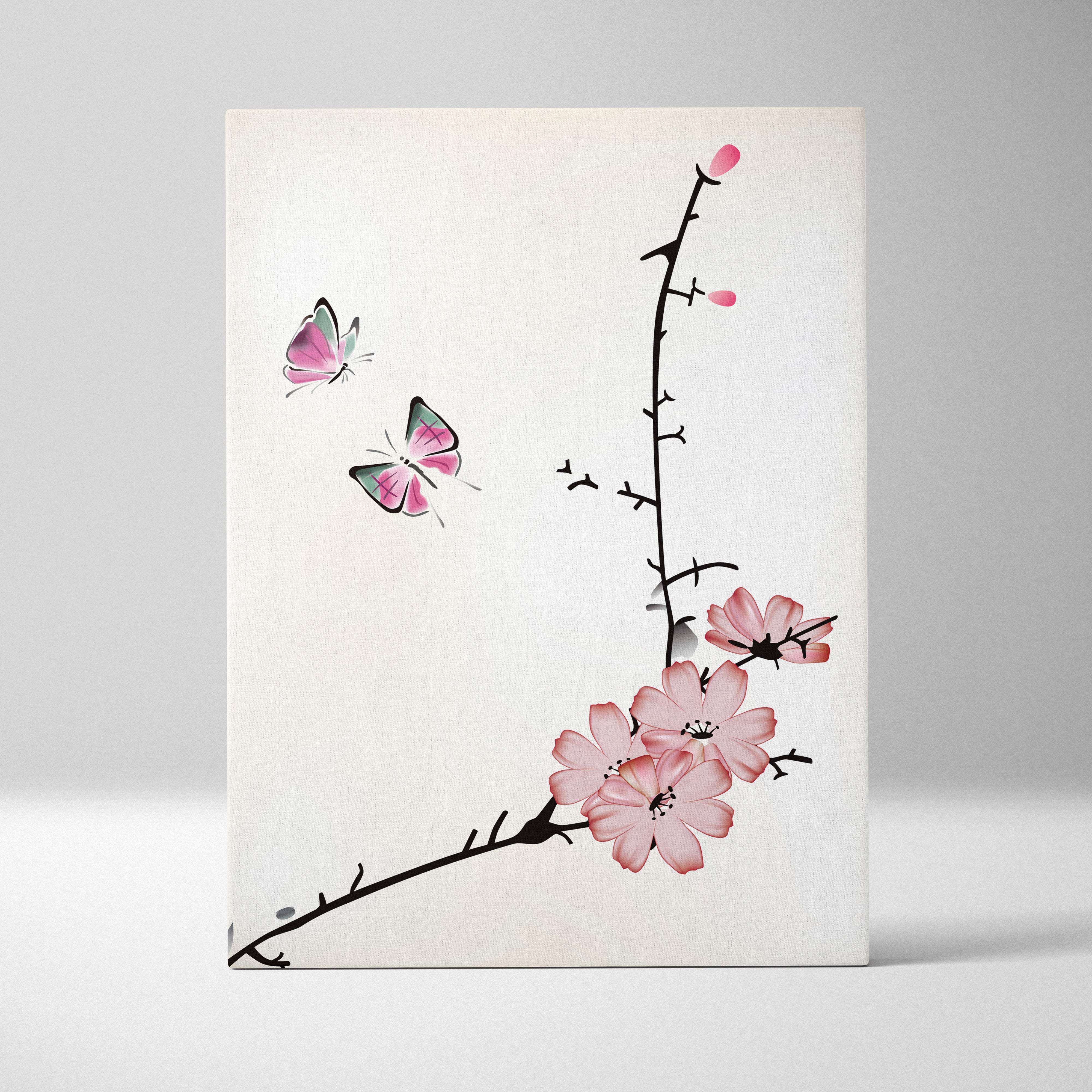 Delicate pink cherry blossom butterfly canvas print in minimalist asian ink painting style for zen wall decor