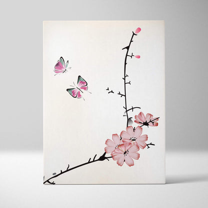 Delicate pink cherry blossom butterfly canvas print in minimalist asian ink painting style for zen wall decor