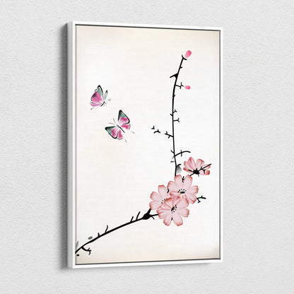 A framed pink cherry blossom butterfly canvas wall art in minimalist asian ink painting style on cream background