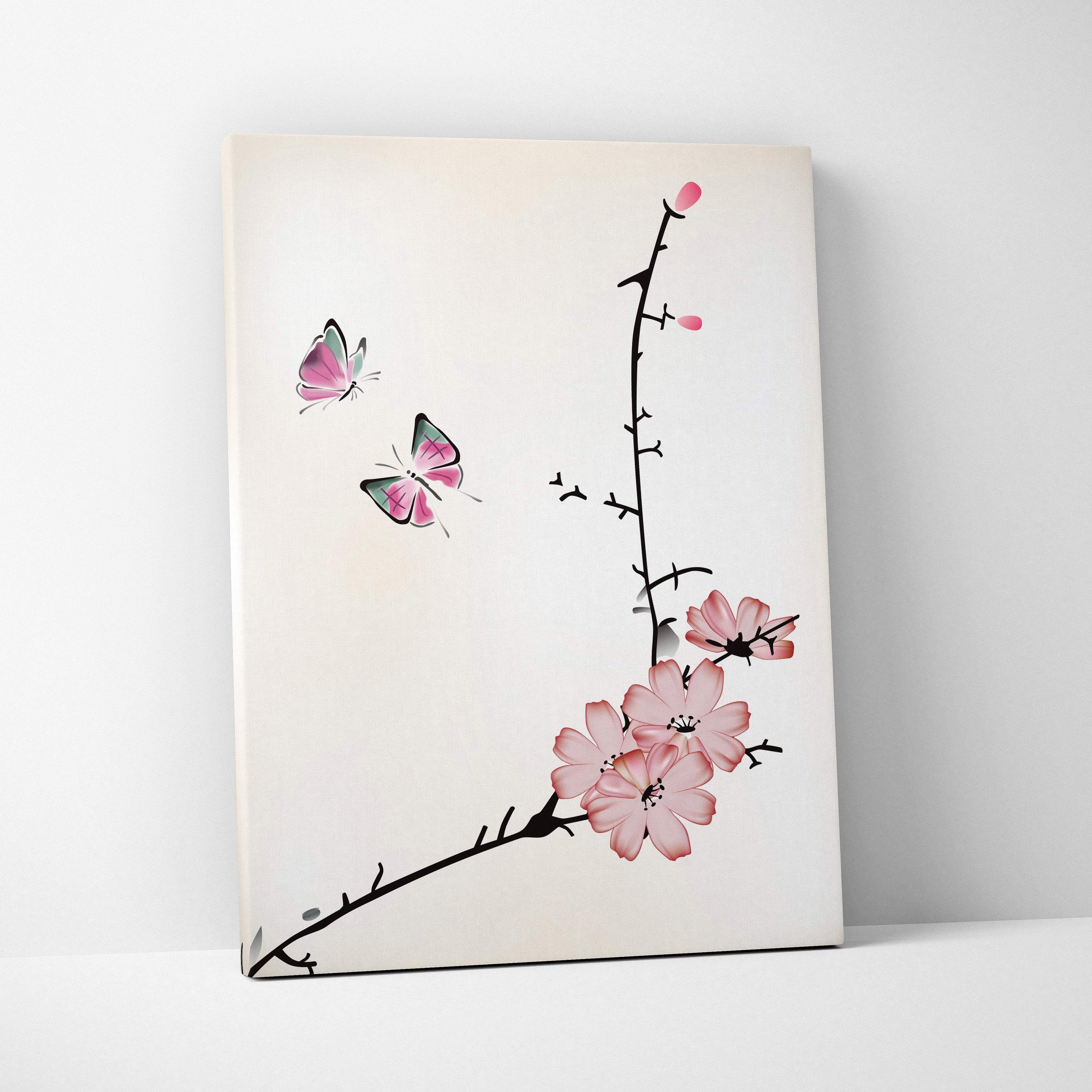 Delicate pink cherry blossom butterfly canvas wall art in minimalist asian ink style on cream background for zen decor