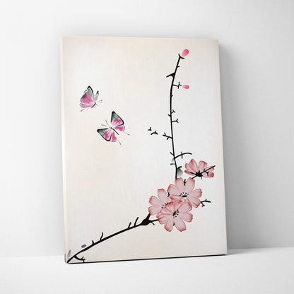 Delicate pink cherry blossom butterfly canvas wall art in minimalist asian ink style on cream background for zen decor