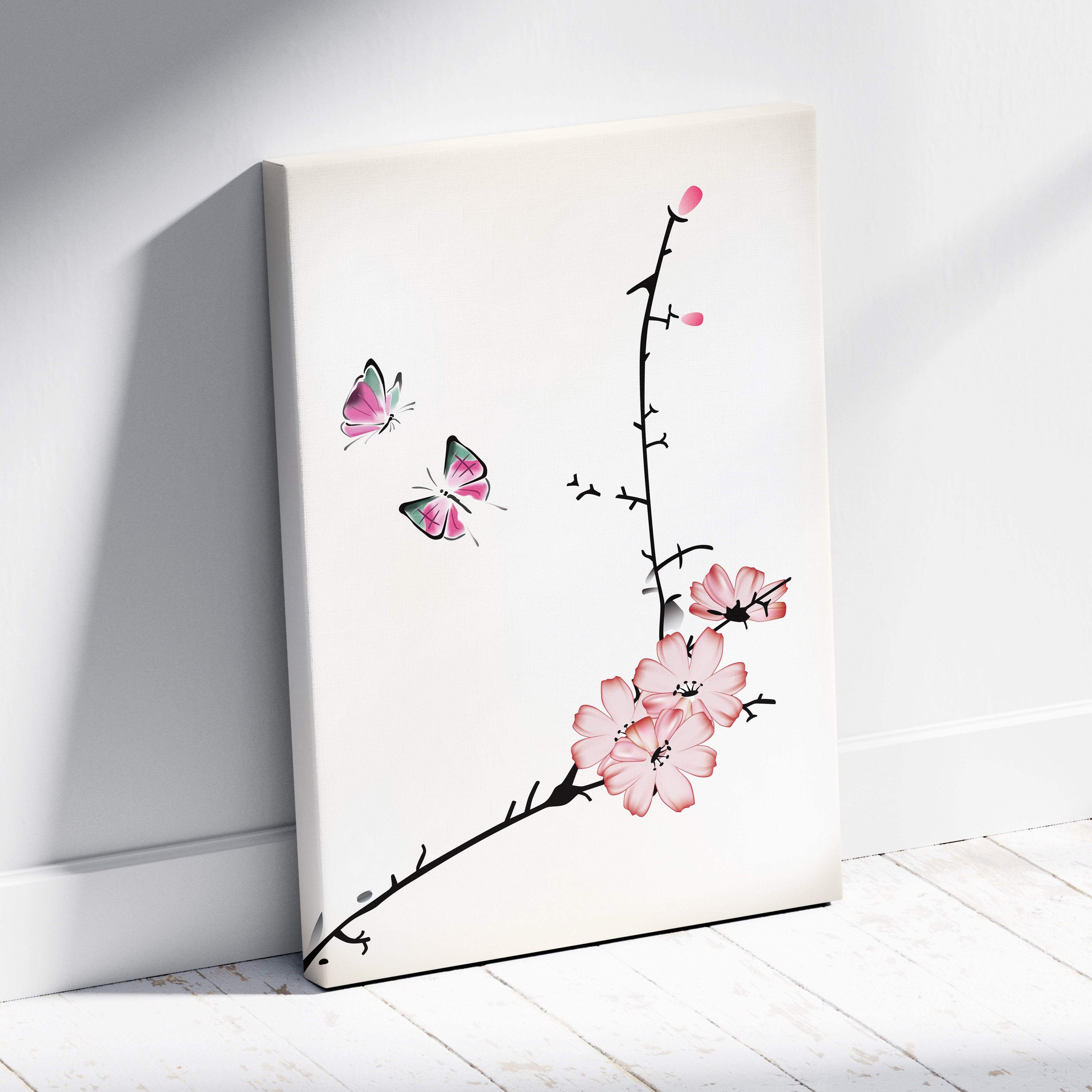 Pink cherry blossom butterfly canvas wall art with delicate ink-wash style floral design on white background for minimalist decor