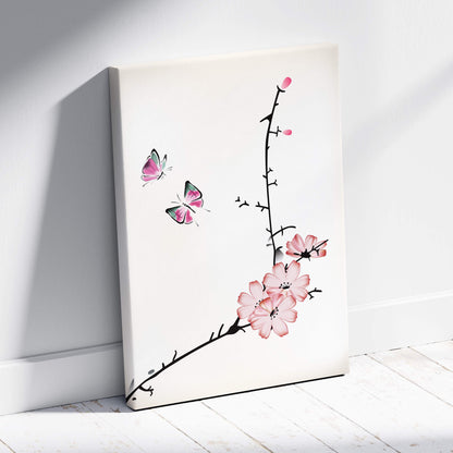 Pink cherry blossom butterfly canvas wall art with delicate ink-wash style floral design on white background for minimalist decor