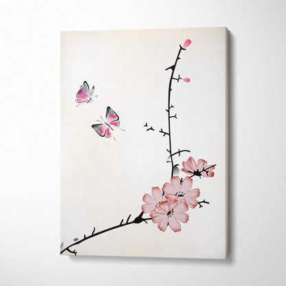 Delicate pink cherry blossom butterfly canvas wall art in minimalist asian ink painting style for bedroom decor