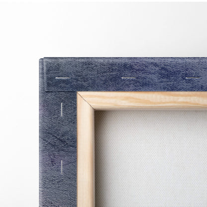 Navy blue textured canvas wrapped around a light wood frame in black sports car canvas wall art print