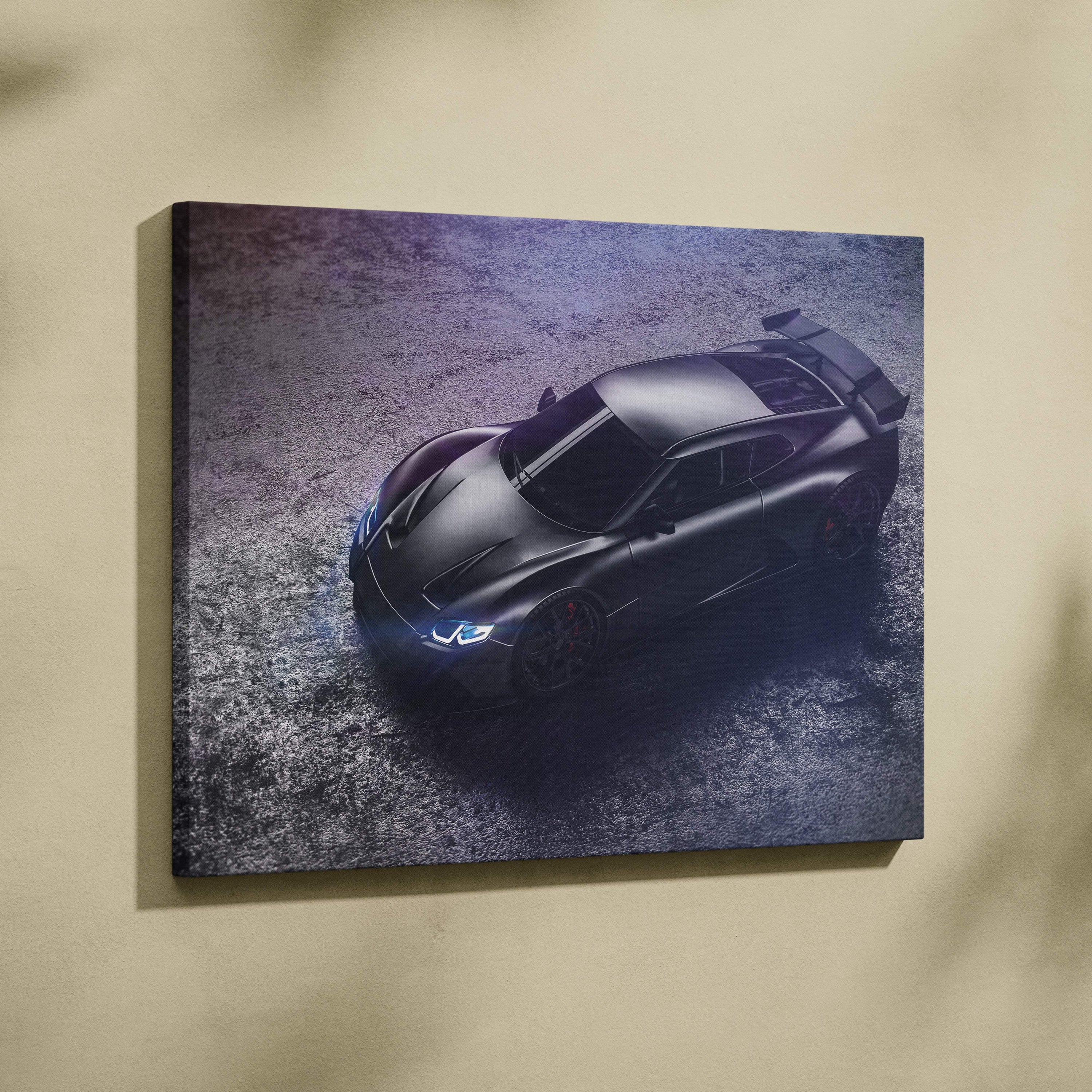 Black sports car canvas wall art print featuring a sleek black matte finish with glowing headlights for modern interiors