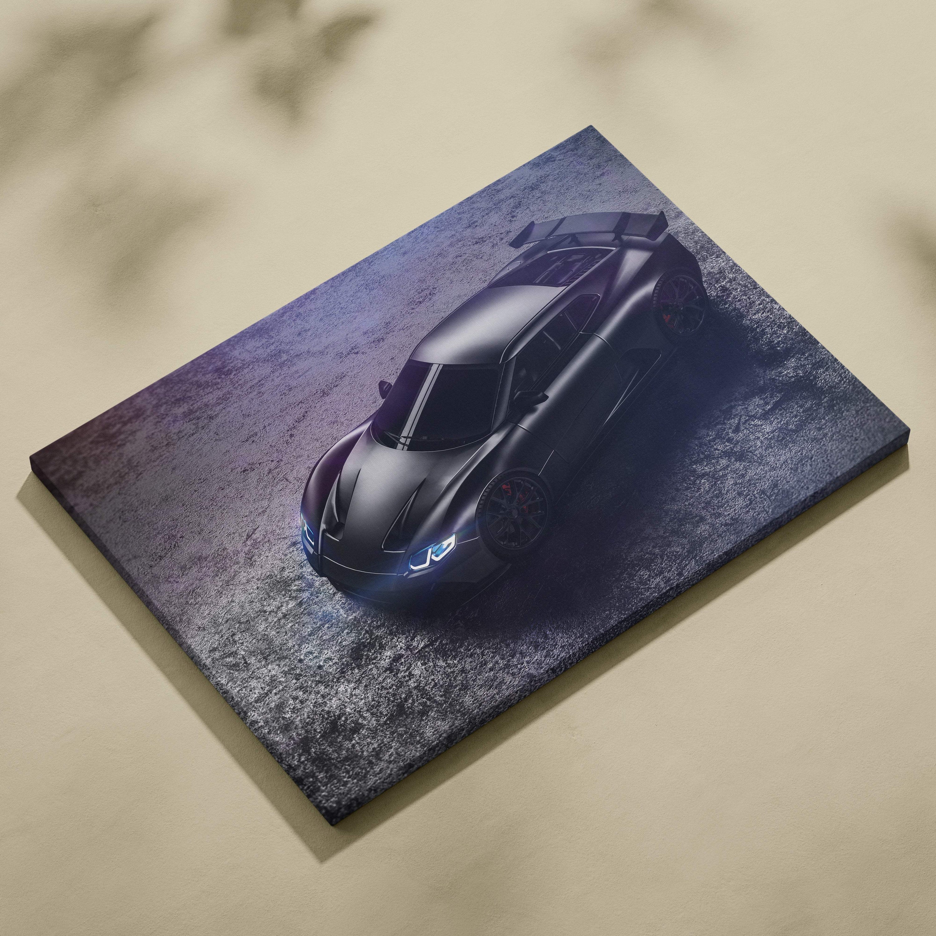 Black matte-finish sports car printed on textured canvas wall art print for modern garage or automotive office decor