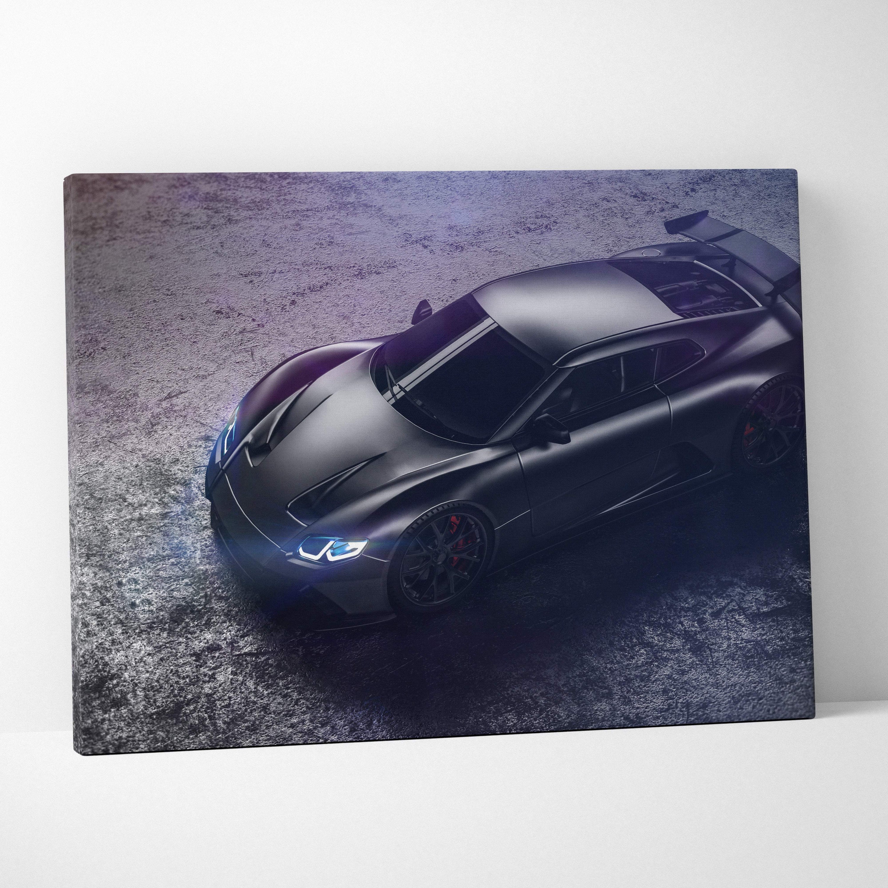 Black sports car canvas wall art print with matte finish blue headlights and red brake calipers for modern interiors