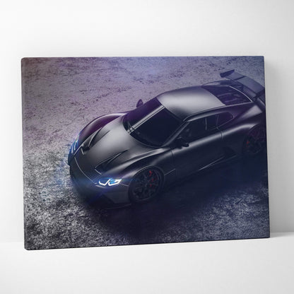 Black sports car canvas wall art print with matte finish blue headlights and red brake calipers for modern interiors