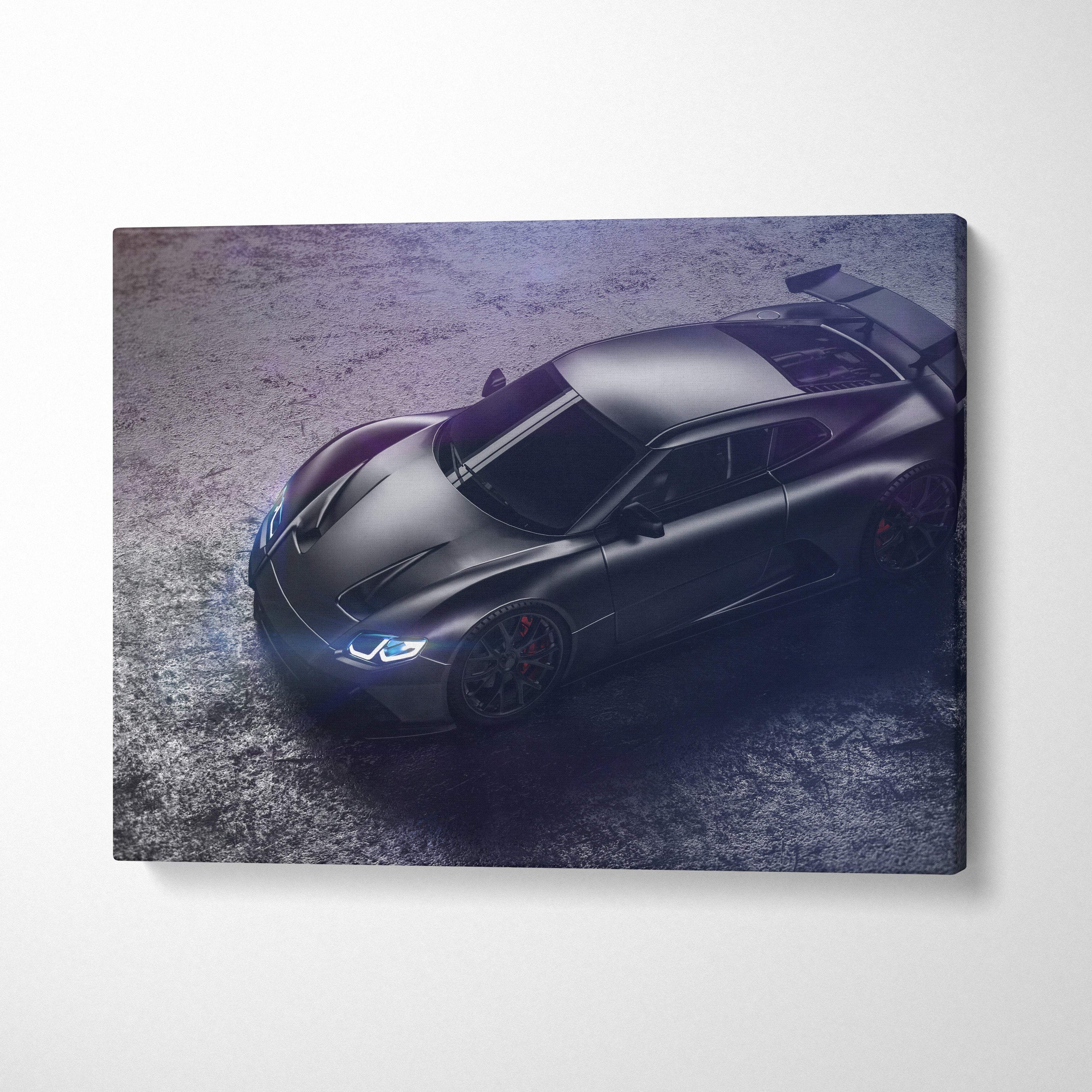 Black sports car canvas wall art print featuring sleek matte finish and glowing blue headlights for modern decor