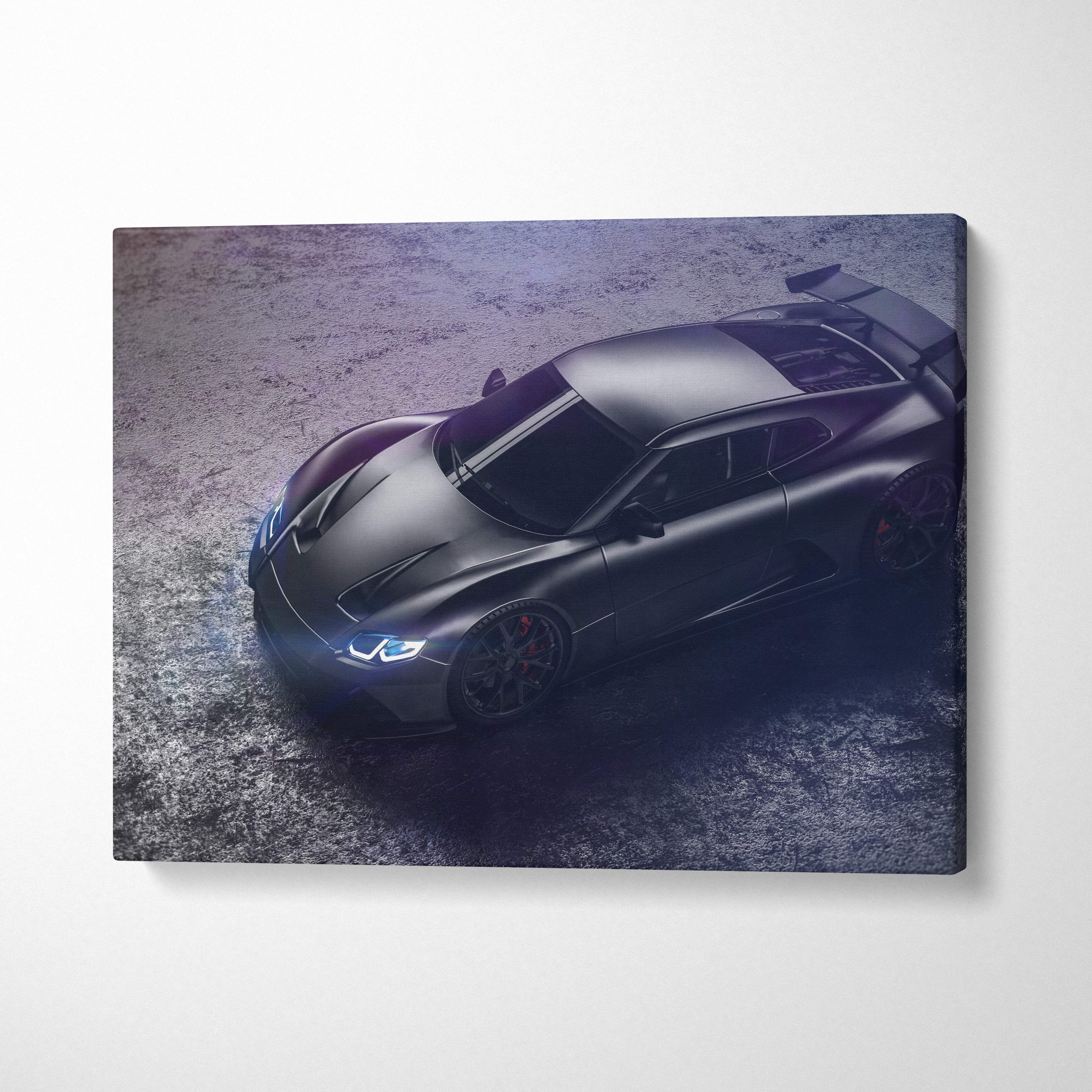Black sports car canvas wall art print featuring sleek matte finish and glowing blue headlights for modern decor
