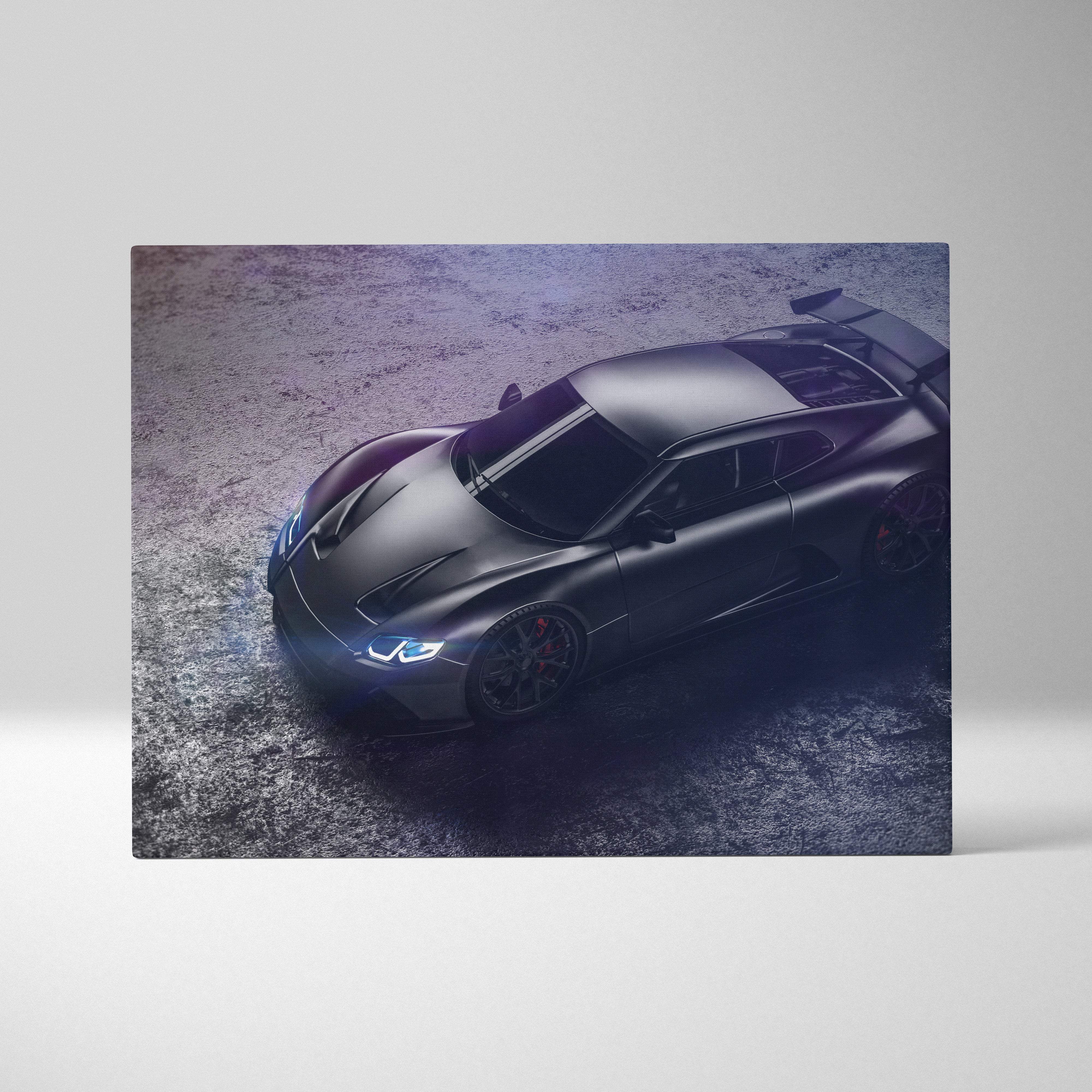 Matte black sports car canvas wall art print with sleek aerodynamic design and glowing blue headlights for modern decor