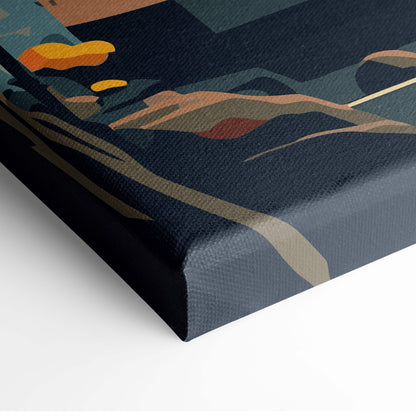A navy blue canvas print featuring abstract earthy orange brown beige mountains in Japanese pagoda autumn wall art