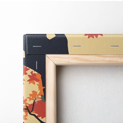 A wooden canvas frame with a black and beige autumn leaf border on japanese pagoda autumn wall art