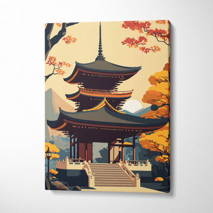 Stylized canvas print of a japanese pagoda with dark roofs and golden accents surrounded by autumn orange and red trees
