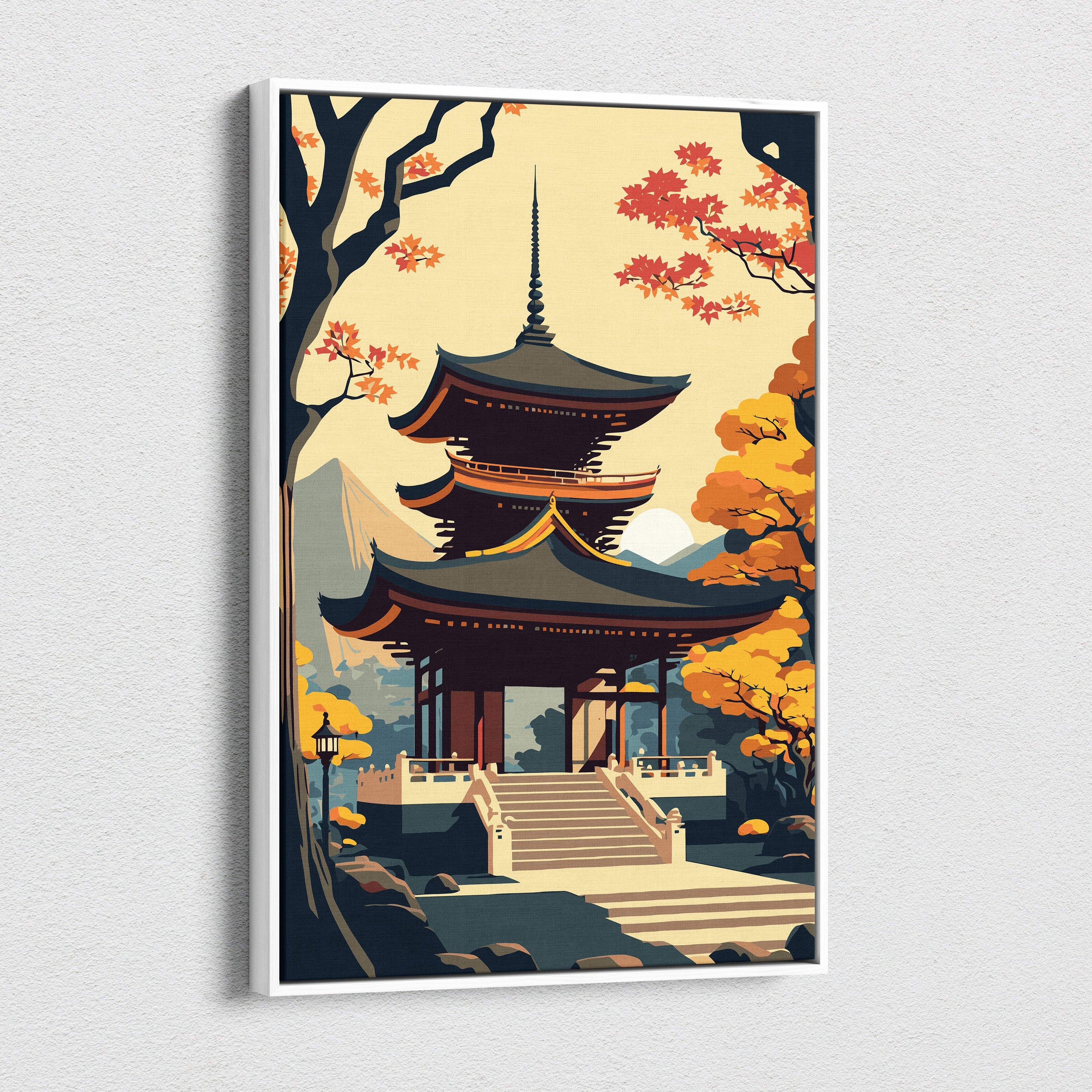 A framed canvas wall art illustrating a traditional Japanese pagoda with orange maple trees and a soft beige sky