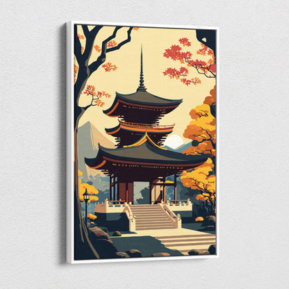 A framed canvas wall art illustrating a traditional Japanese pagoda with orange maple trees and a soft beige sky