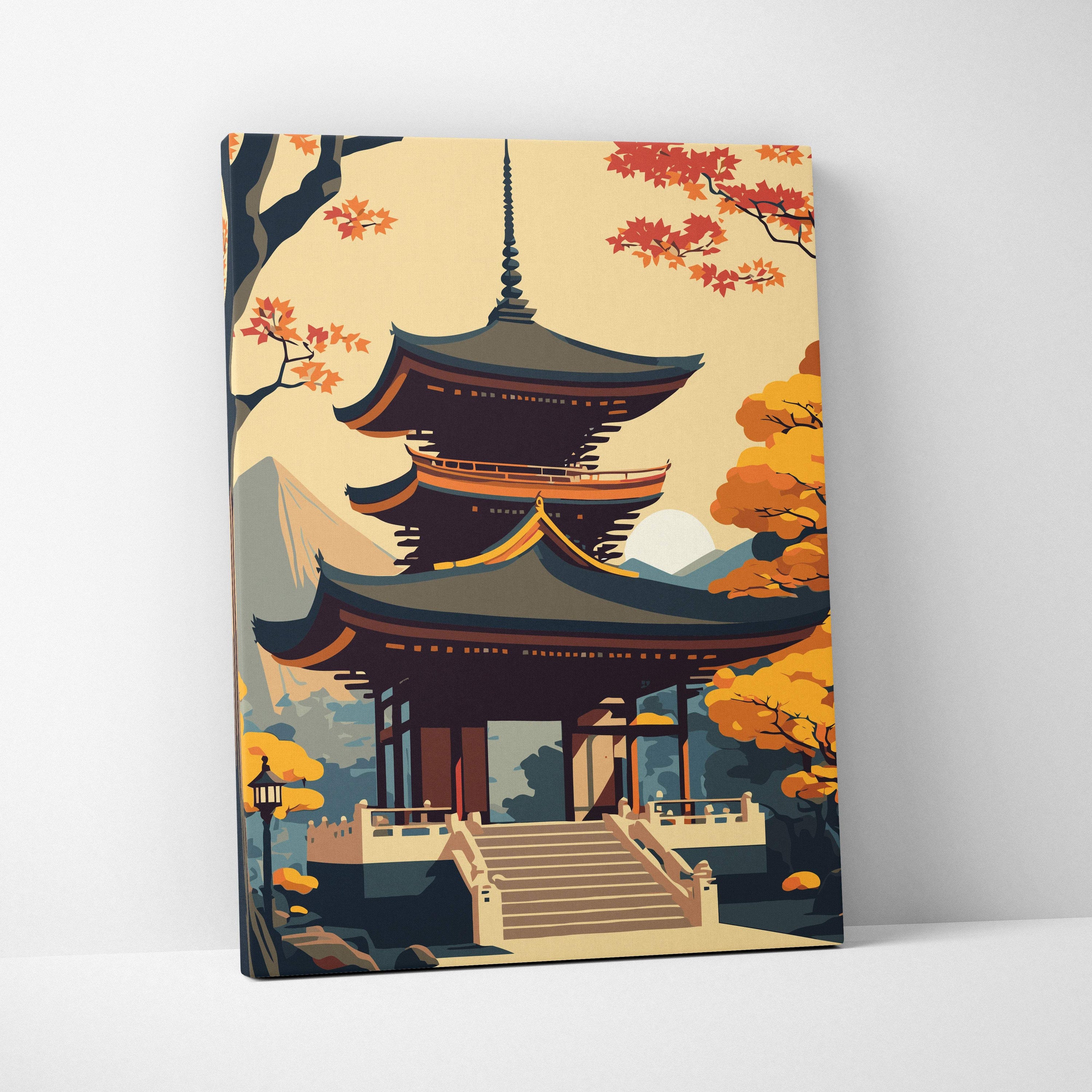 A vibrant Japanese pagoda autumn canvas print with dark layered roofs and orange maple trees for warm zen decor
