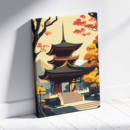 A vibrant canvas print of a stylized japanese pagoda with golden accents surrounded by fiery autumn maple trees