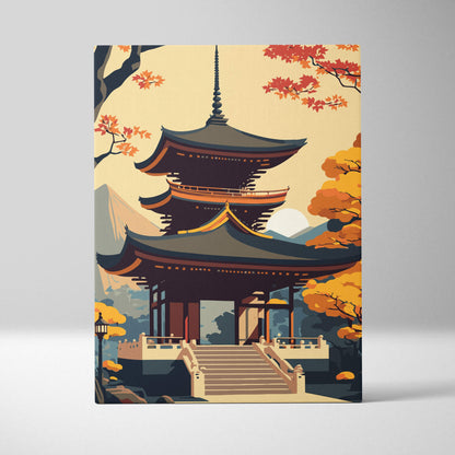 Stylized japanese pagoda canvas wall art with dark gray roofs gold trim and warm orange autumn trees for living room decor