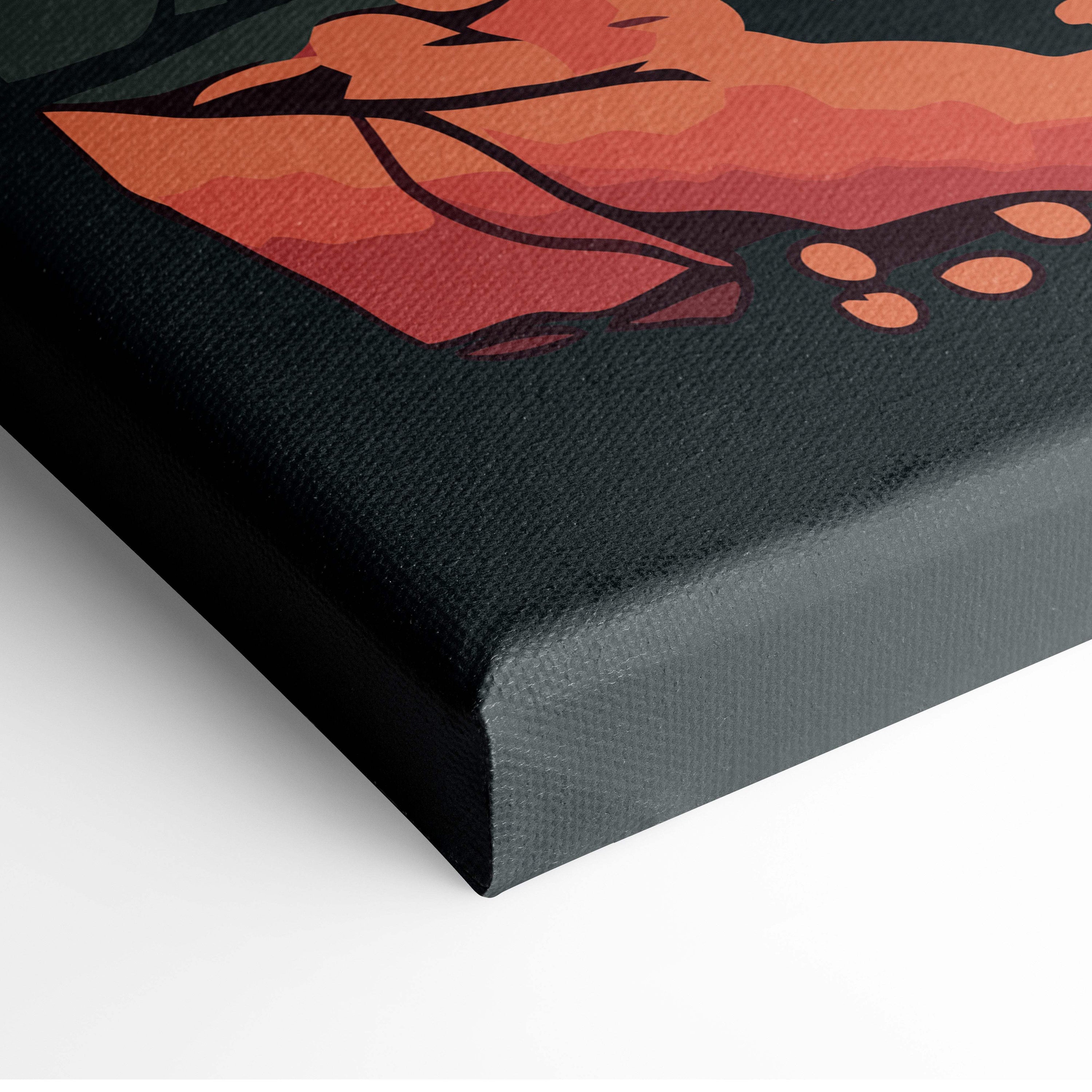 Black canvas print of a stylized orange and red japanese pagoda autumn landscape for living room wall art