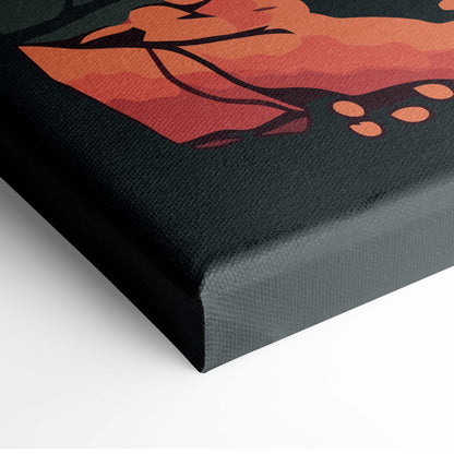 Black canvas print of a stylized orange and red japanese pagoda autumn landscape for living room wall art