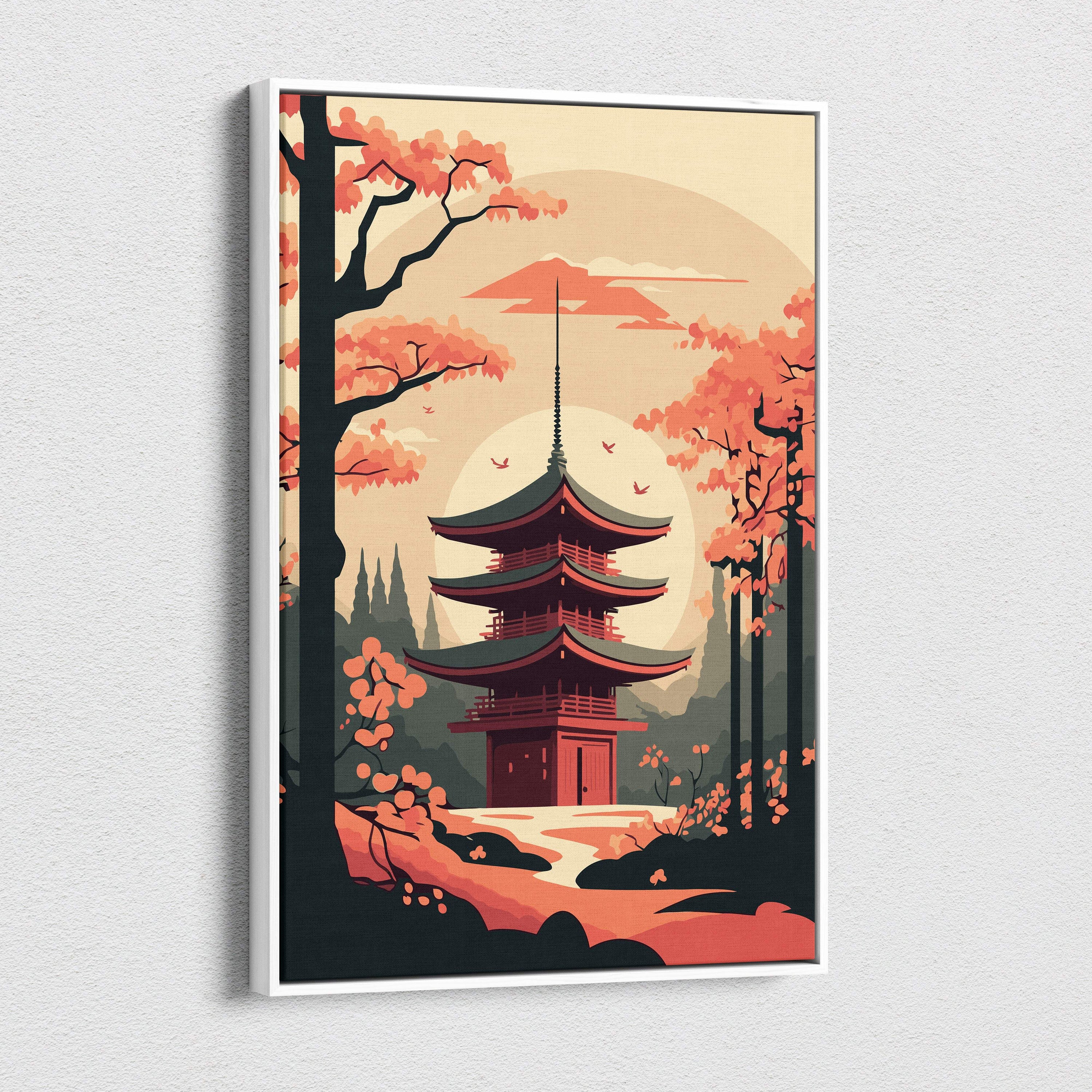A framed canvas wall art of a red multi-tiered japanese pagoda with autumn orange trees and peach sunset background