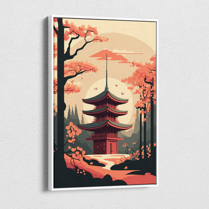 A framed canvas wall art of a red multi-tiered japanese pagoda with autumn orange trees and peach sunset background