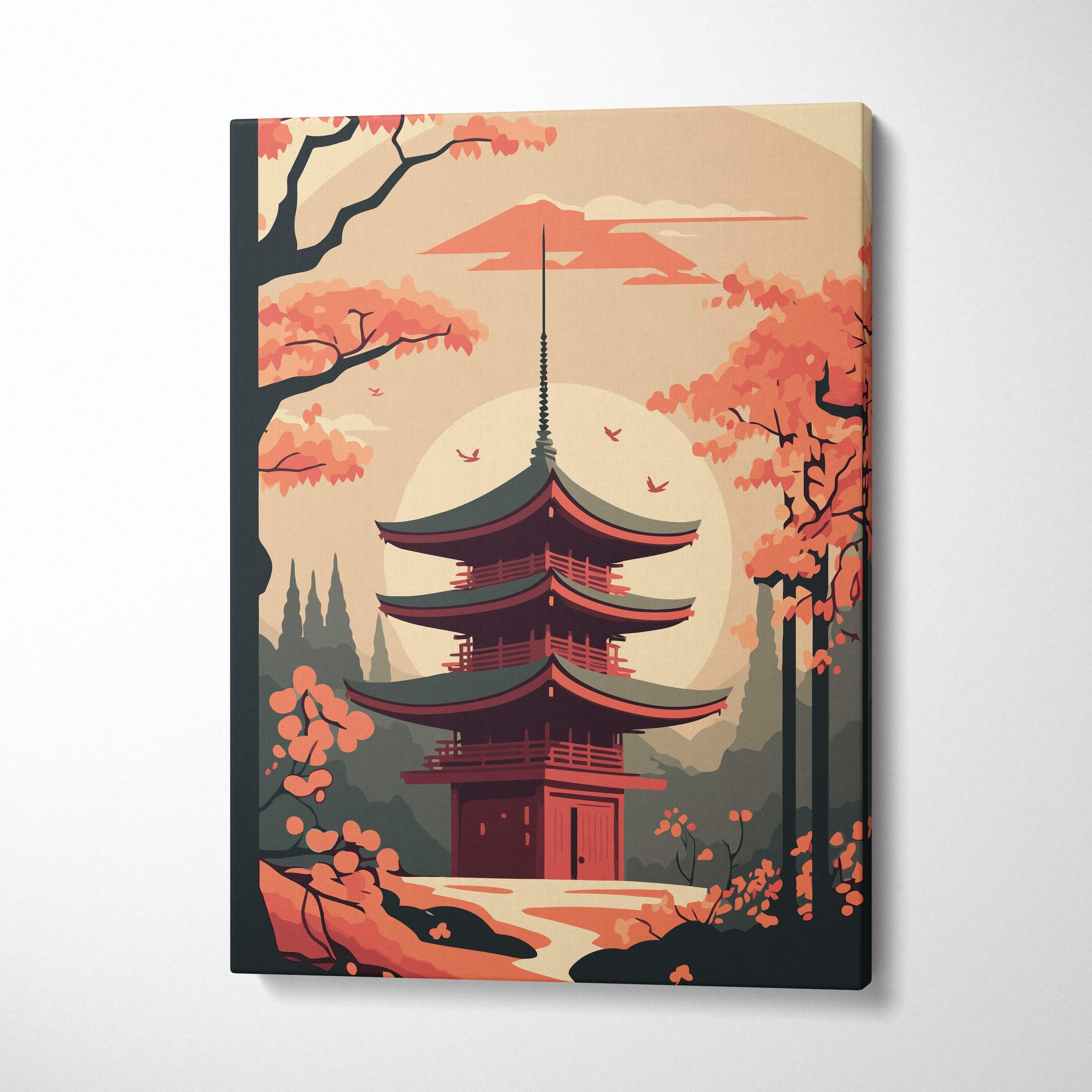 A vibrant Japanese pagoda autumn canvas wall art with red and green tiers surrounded by orange trees and peach sky