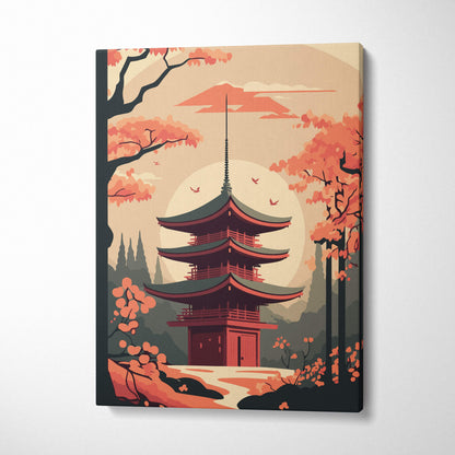 A vibrant Japanese pagoda autumn canvas wall art with red and green tiers surrounded by orange trees and peach sky
