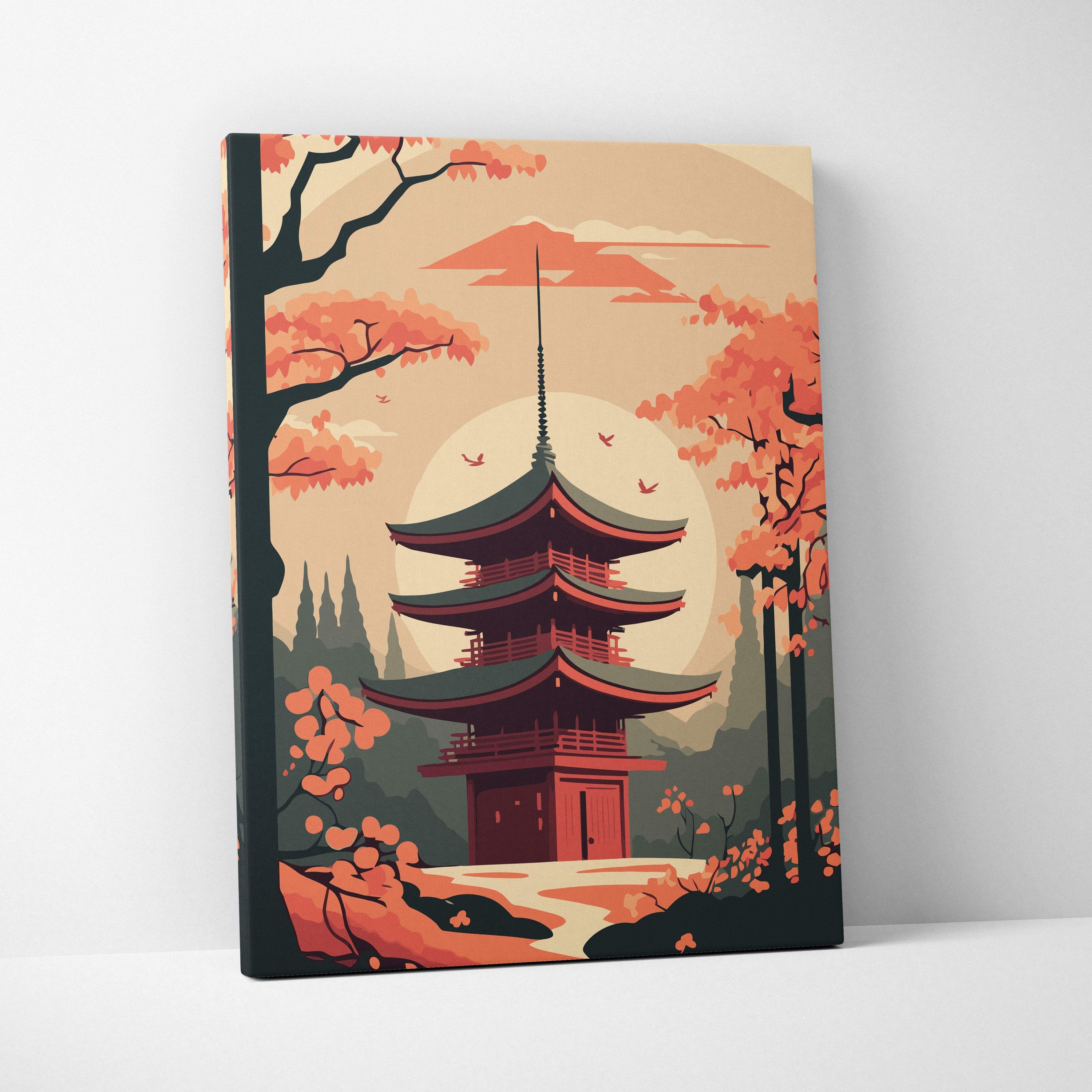 A vibrant canvas print of a traditional japanese pagoda with orange autumn trees against a warm peach sunset sky