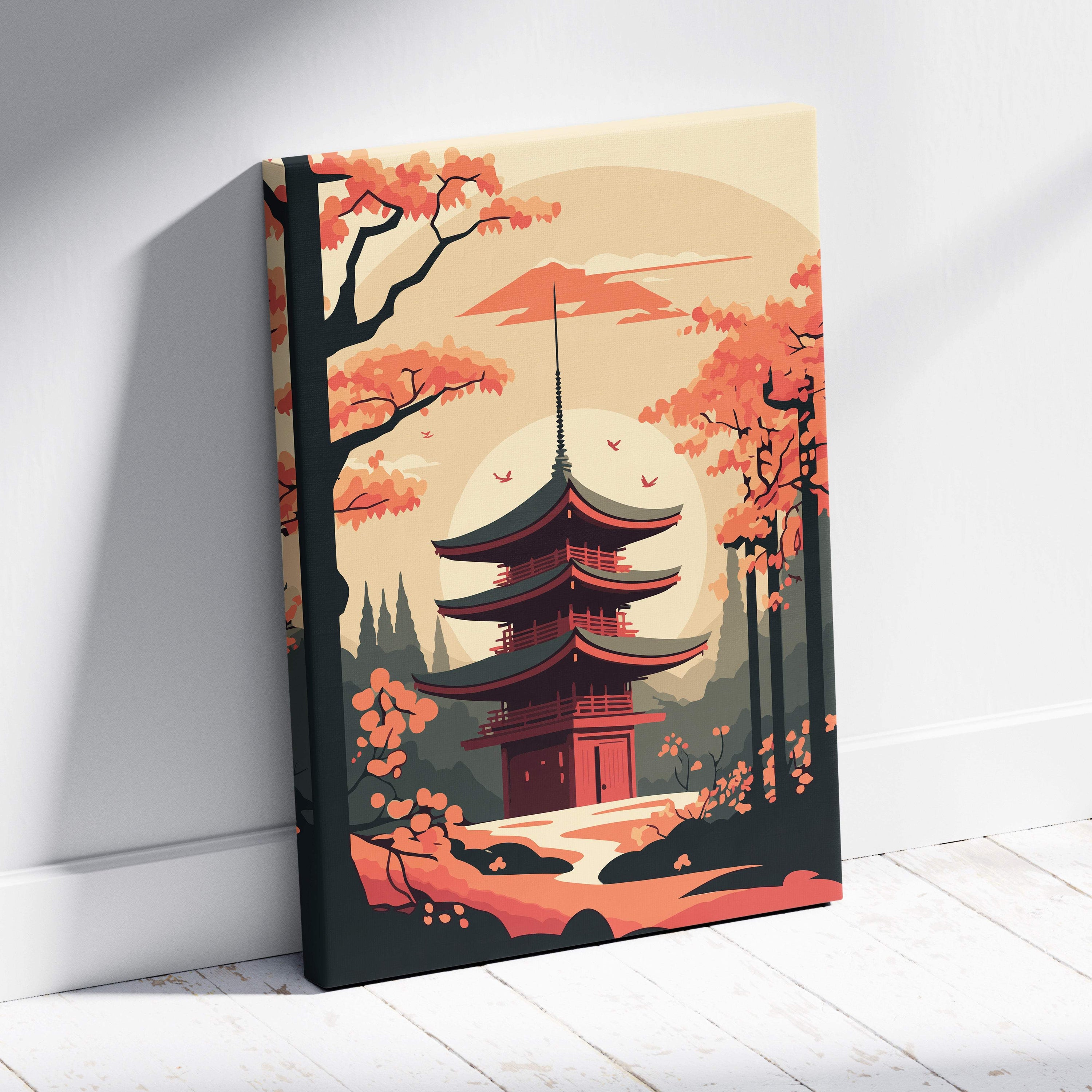 A vibrant Japanese pagoda autumn canvas wall art with red pagoda and orange trees against a peach sunset backdrop