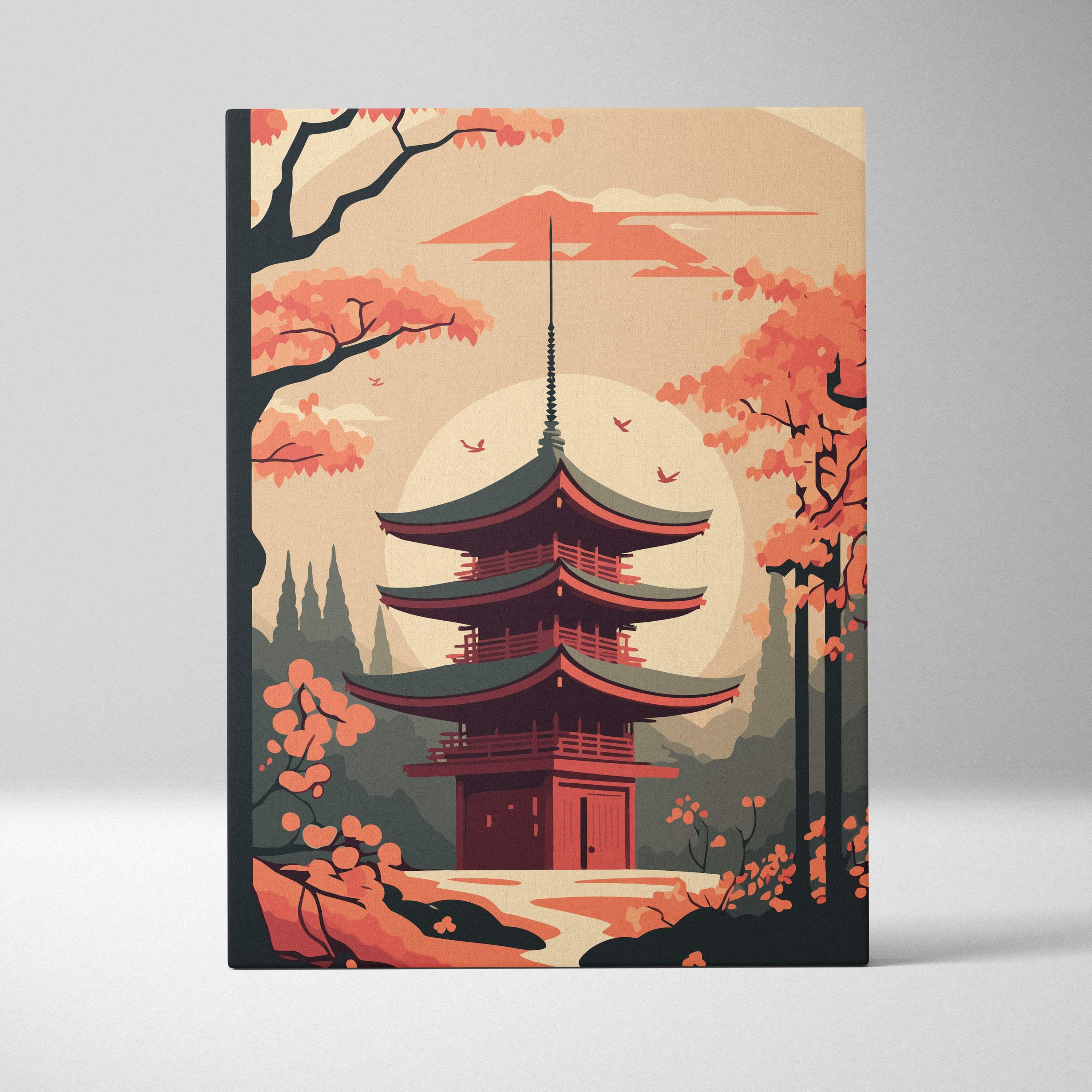 Rectangular canvas print of a red five-storied japanese pagoda with autumn trees and peach orange sunset background