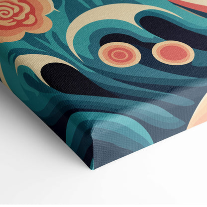 Japanese wave mount fuji canvas wall art with teal black abstract swirls orange accents textured fabric surface