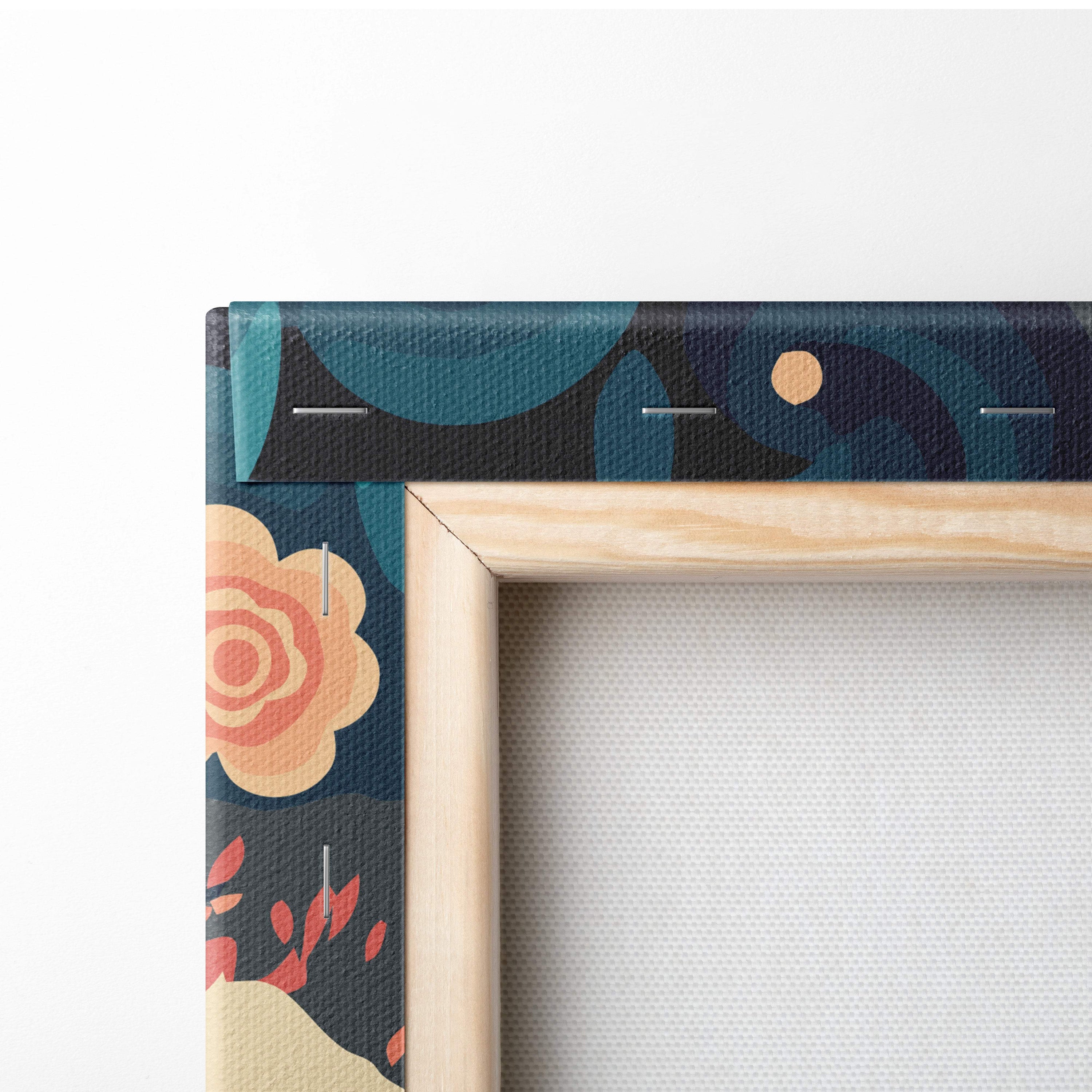A wooden canvas frame with dark teal and orange floral patterned border for japanese wave mount fuji wall art