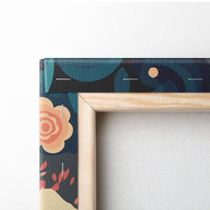 A wooden canvas frame with dark teal and orange floral patterned border for japanese wave mount fuji wall art