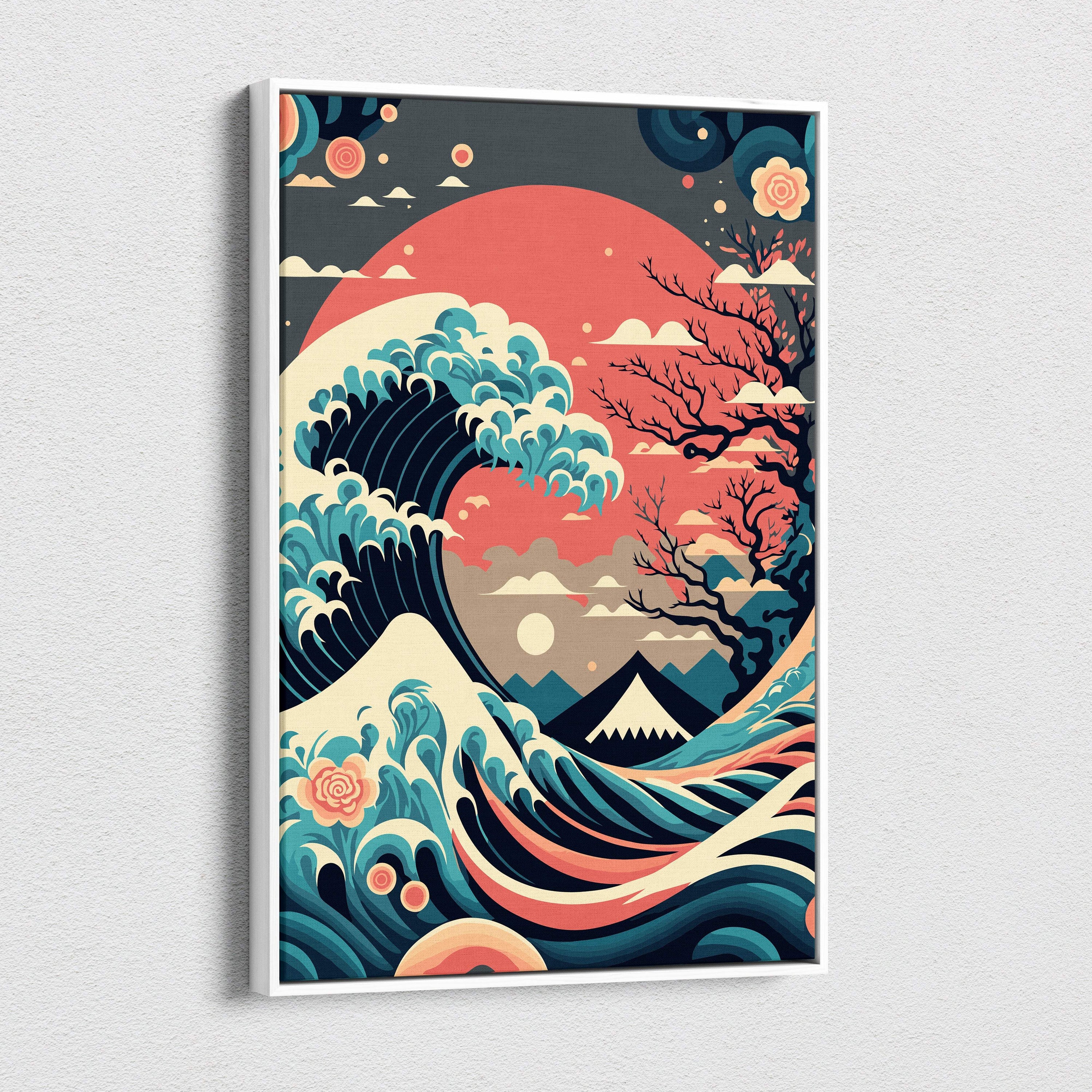 A framed japanese wave mount fuji canvas wall art with teal and white waves coral sun cherry blossoms and mountains