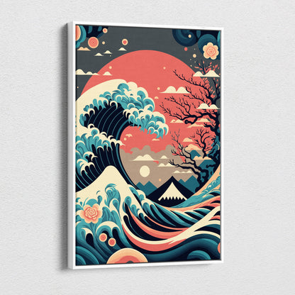 A framed japanese wave mount fuji canvas wall art with teal and white waves coral sun cherry blossoms and mountains