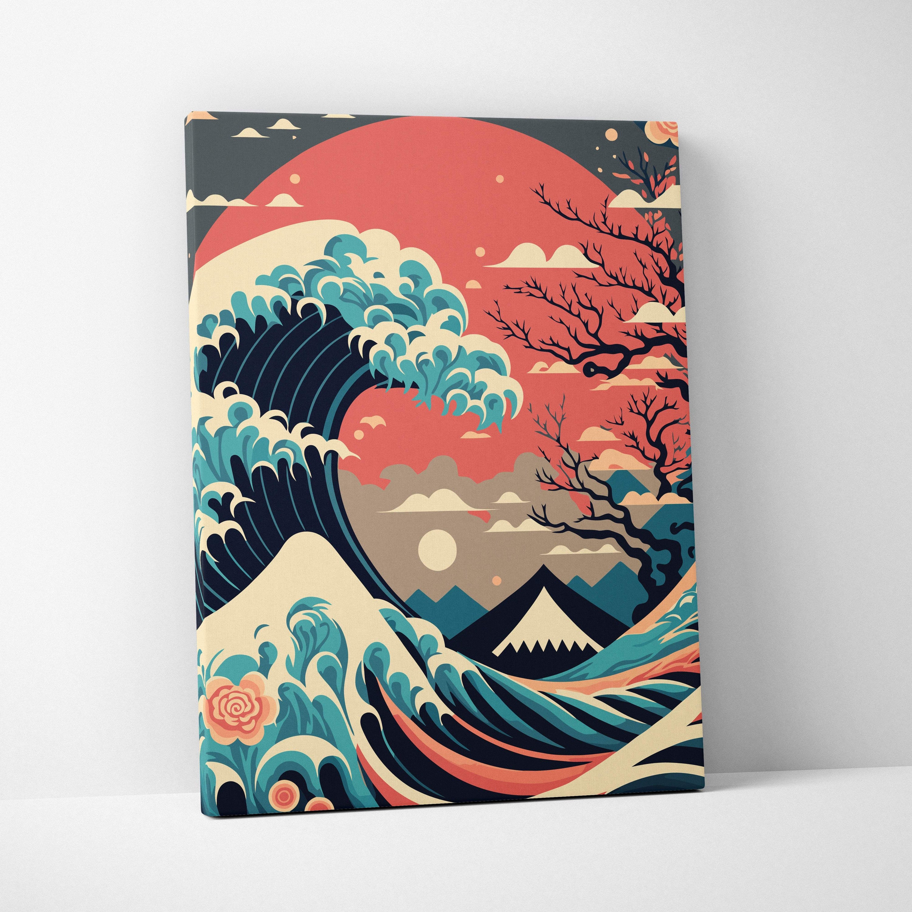 Vibrant Japanese wave mount Fuji canvas wall art featuring teal and navy wave with red sun and dark tree silhouettes