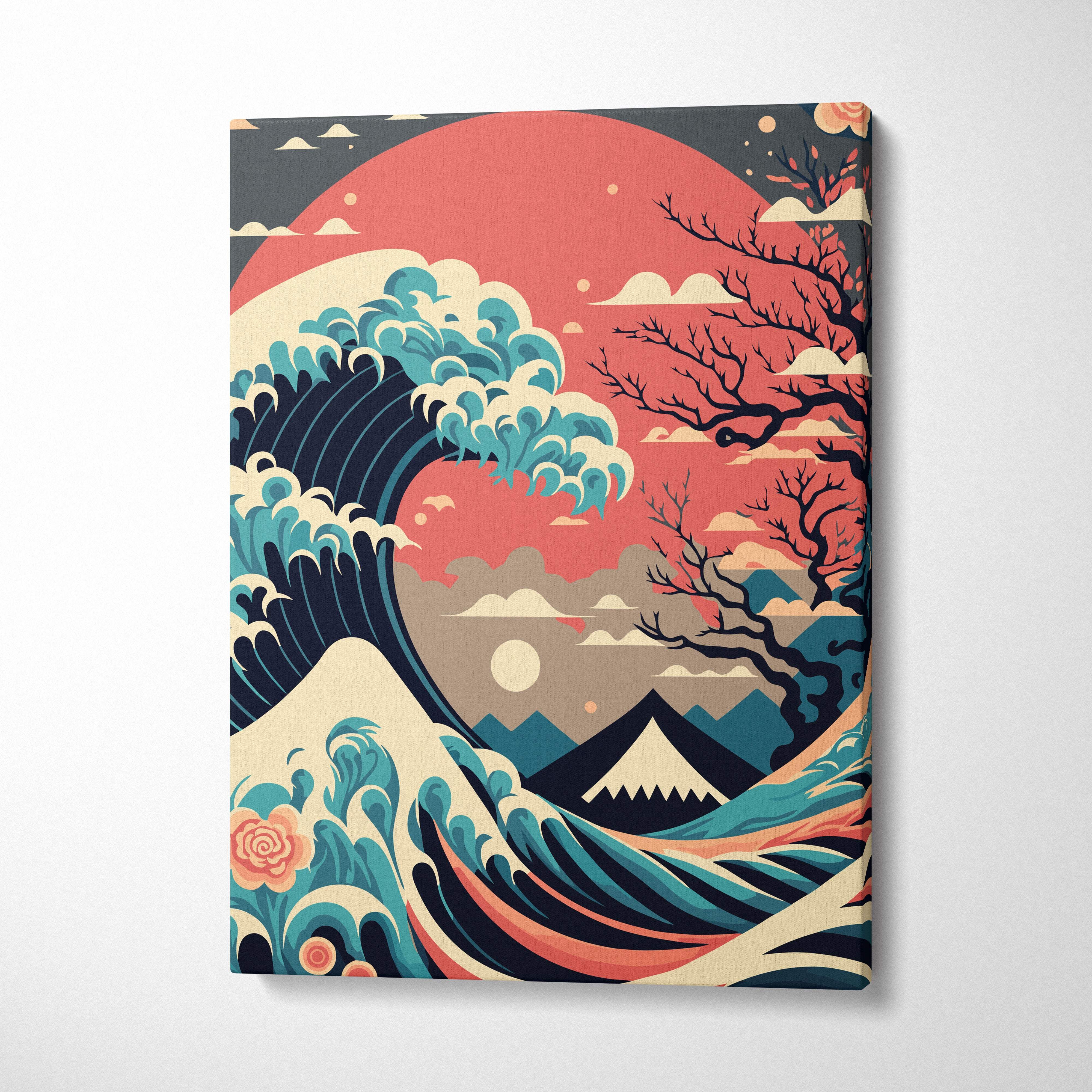 Stylized japanese wave mount fuji canvas wall art featuring vibrant teal coral waves and bold zen ocean landscape decor