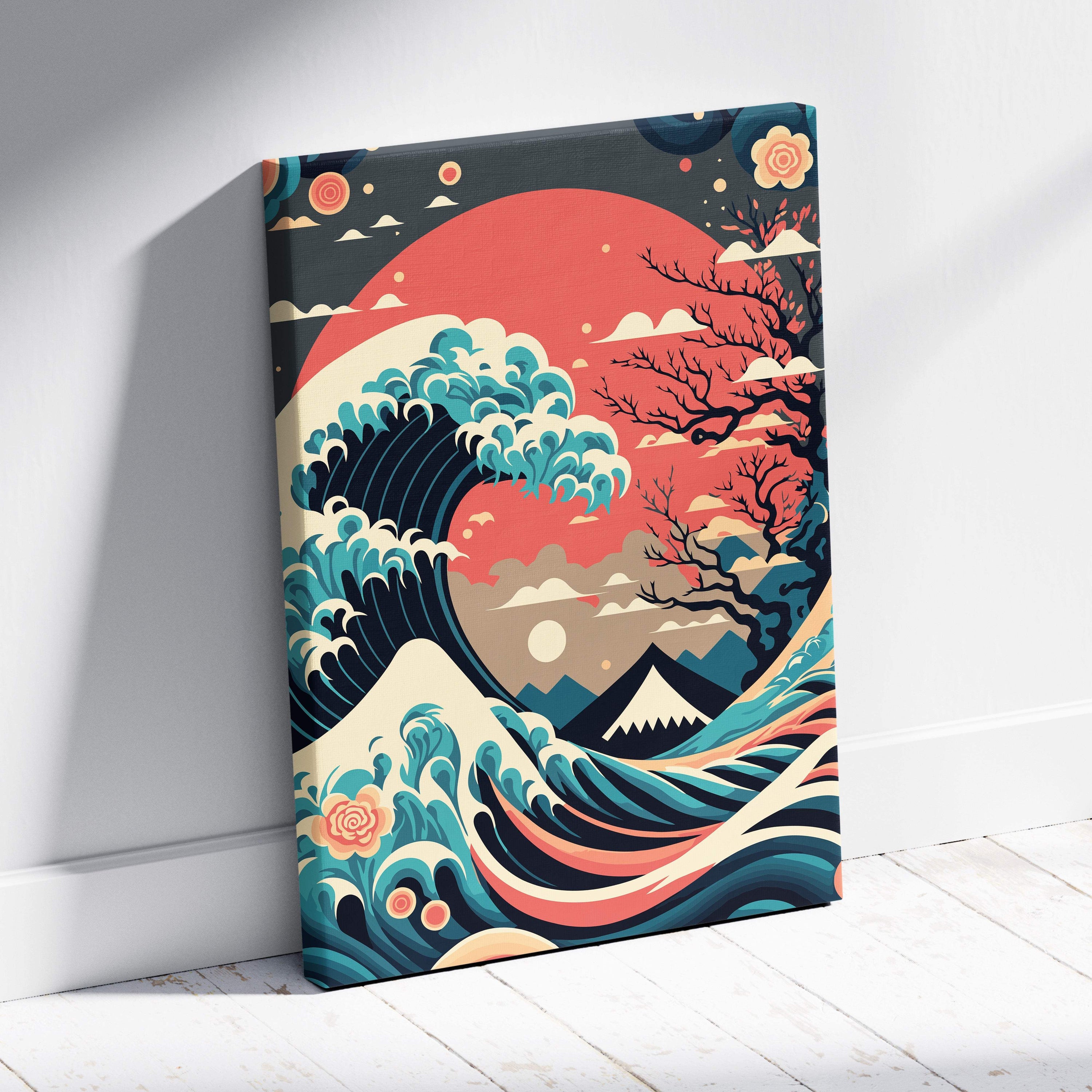 Japanese wave mount fuji canvas wall art featuring vibrant teal and coral waves on a dark background for home decor