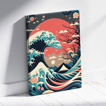 Japanese wave mount fuji canvas wall art featuring vibrant teal and coral waves on a dark background for home decor
