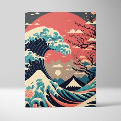 Vibrant stylized canvas print of teal and navy wave with coral sun and cherry blossoms japanese wave mount fuji art
